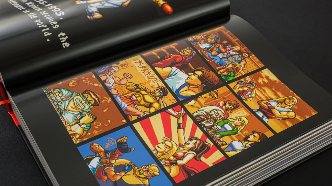 Open Fatal Fury Ultimate History book showing retro fighting-game characters and story scenes