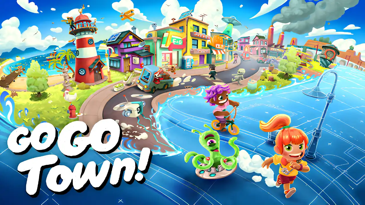 Go-Go Town! key art showing a colorful coastal town with characters, roads, buildings and construction areas