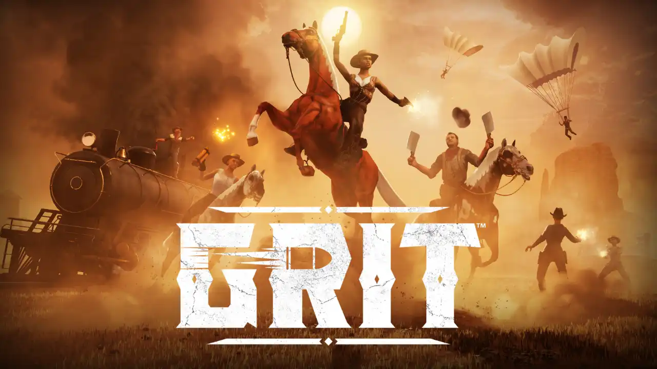 GRIT Wild West battle royale artwork with gunslingers, horses, train and parachuting players