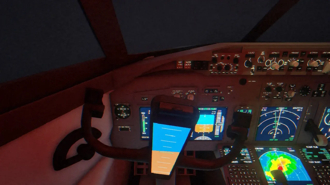 Aircraft cockpit during a night flight in Incident Archives – Flight 882 with storm activity visible on the weather radar