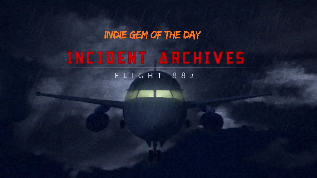 Incident Archives – Flight 882 passenger plane flying through a dark storm with Indie Gem of the Day text