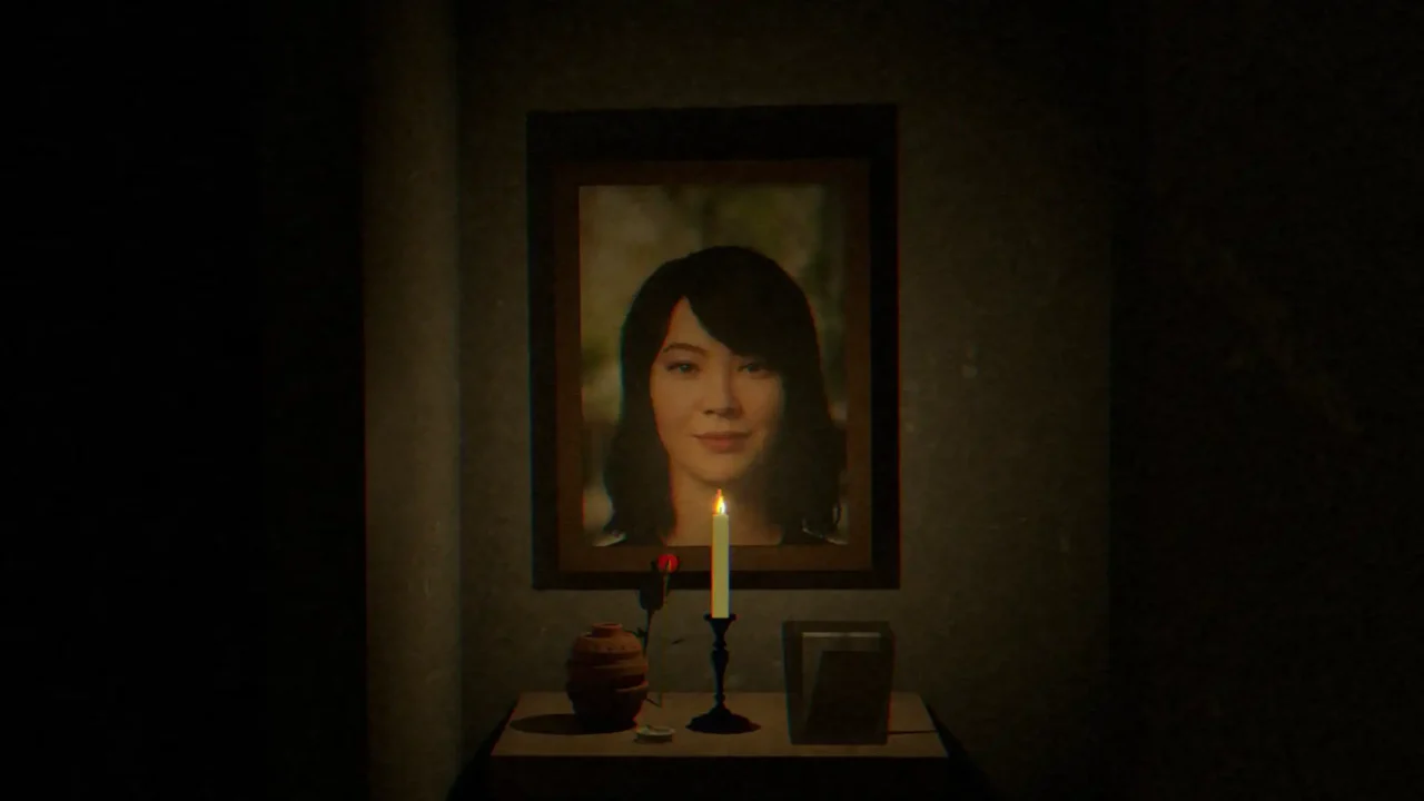 Framed photograph of the protagonist’s wife beside a lit candle during the opening home sequence in Incident Archives – Flight 882