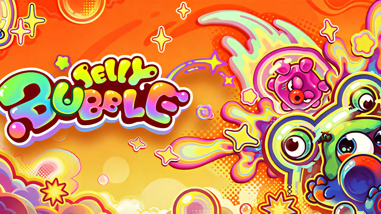 Jelly Bubble logo with colorful cartoon characters on an orange background