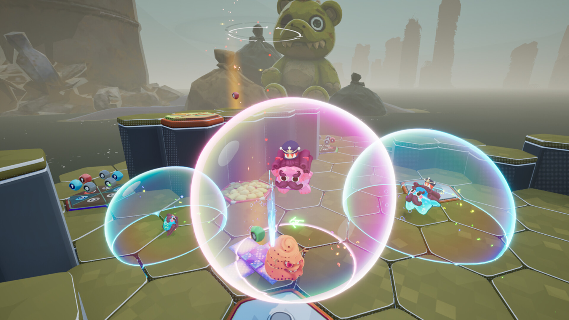 Several Jelly Bubble characters fighting inside bubbles on a hexagonal arena