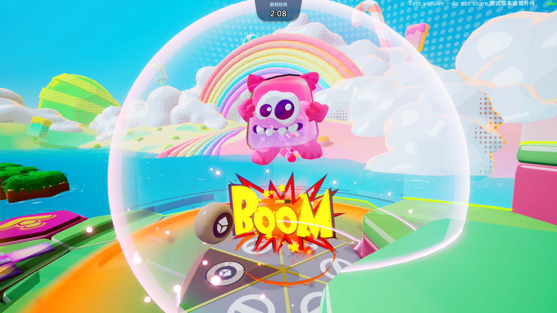 Pink character attacking an opponent inside a colorful arena in Jelly Bubble