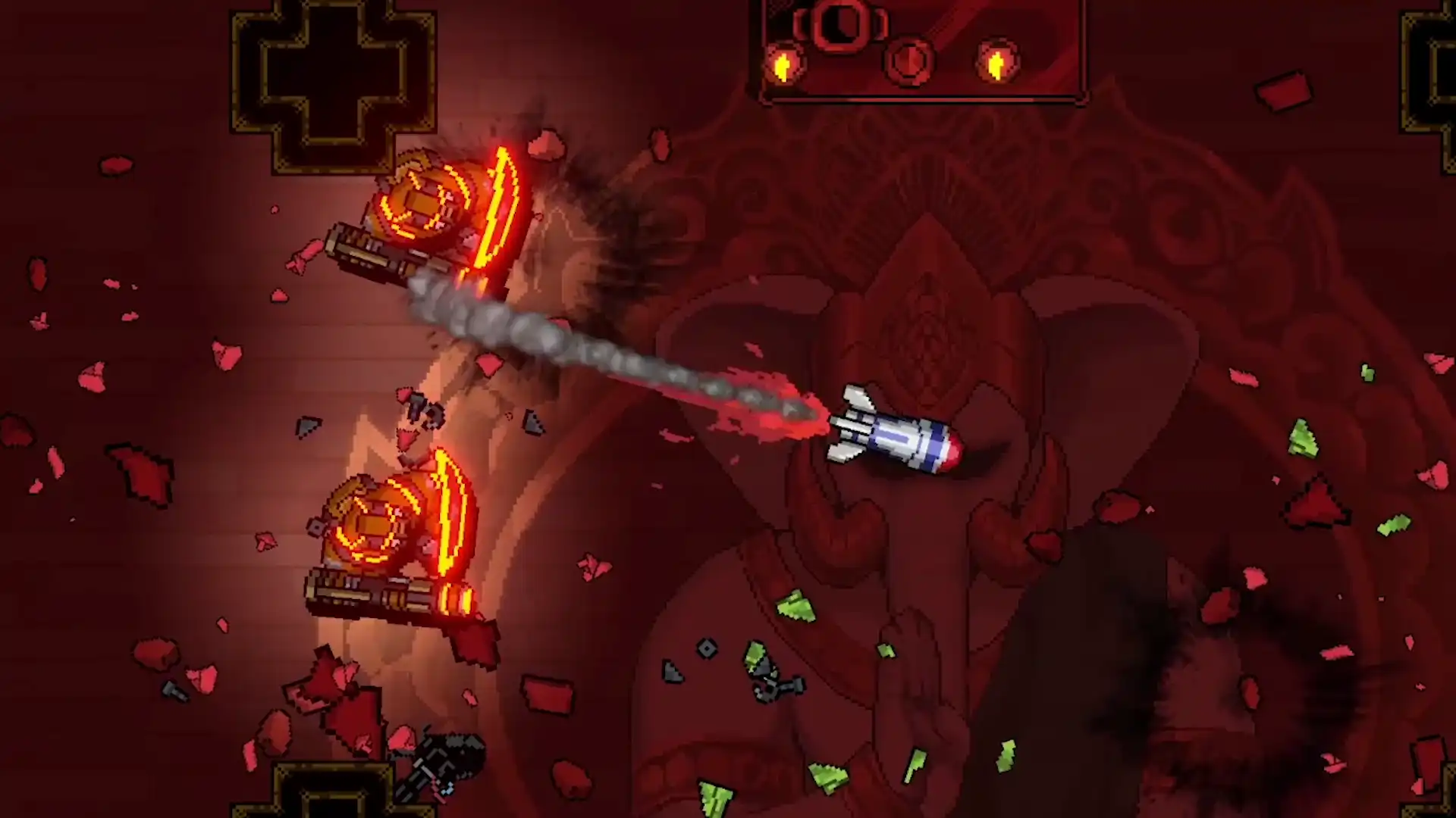 Missile flying between armored enemies during a red-lit battle in Kusan: City of Wolves