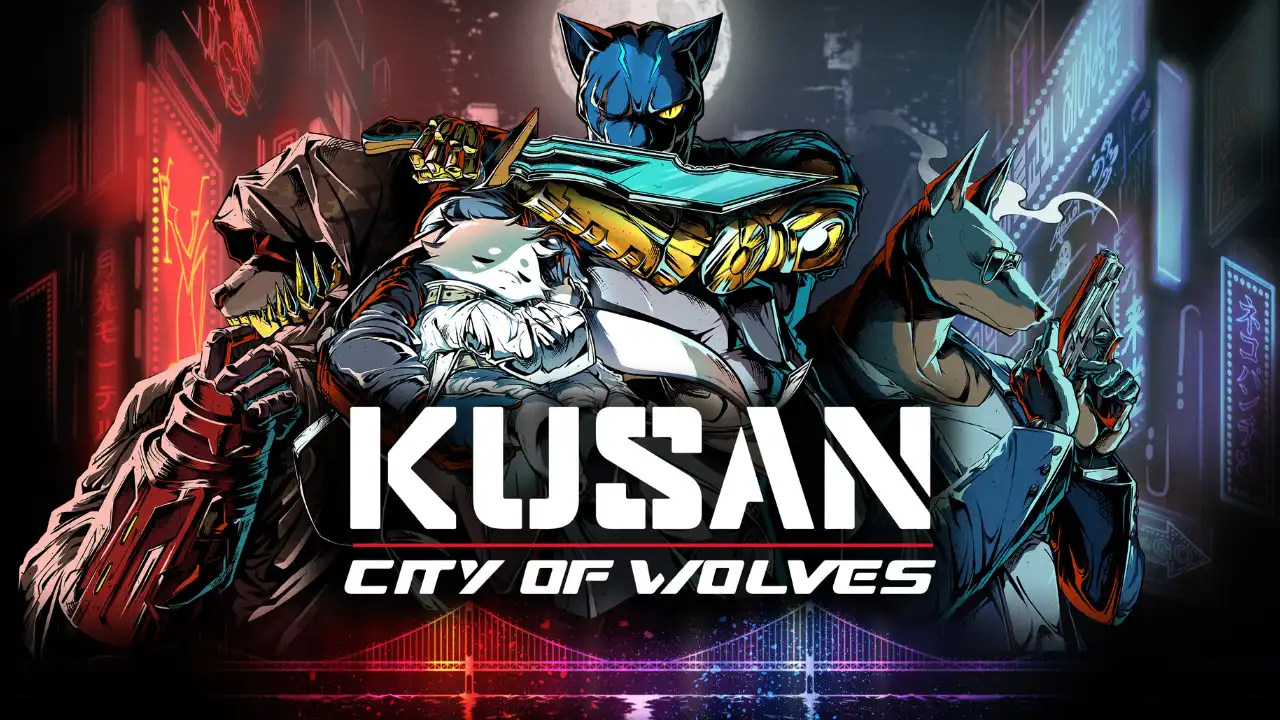 Kusan: City of Wolves characters gathered around the official logo in a neon-lit city