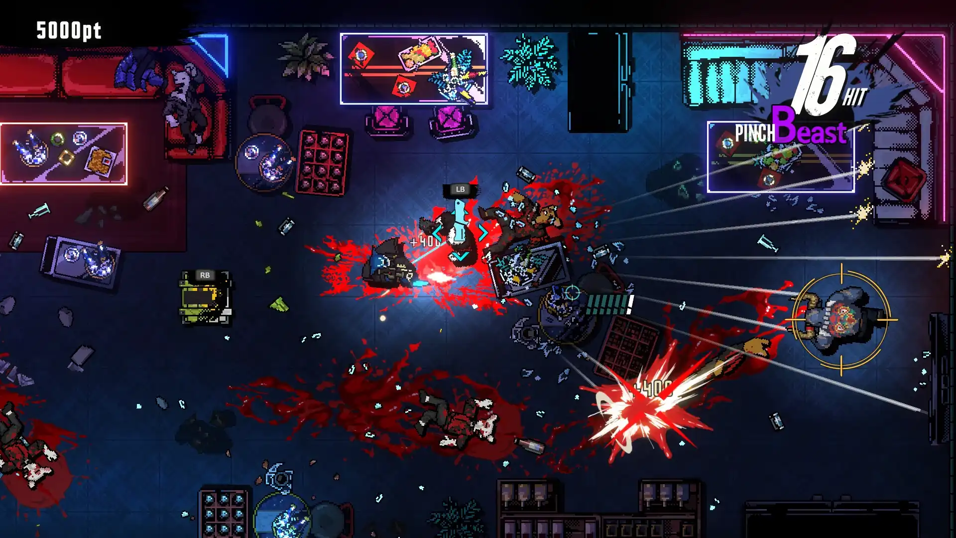Violent top-down gunfight with multiple enemies and a 16-hit combo in Kusan: City of Wolves