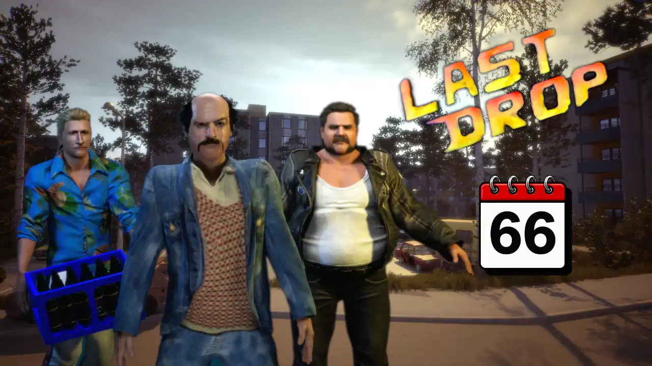 Three Last Drop characters stand in a 1994 Finnish neighbourhood beneath the game logo and a Game of the Week #66 calendar badge.