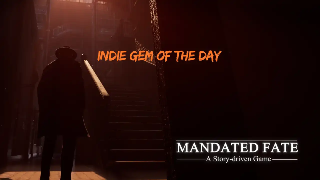 Mandated Fate Indie Gem of the Day featuring a silhouetted character in a dark dystopian city