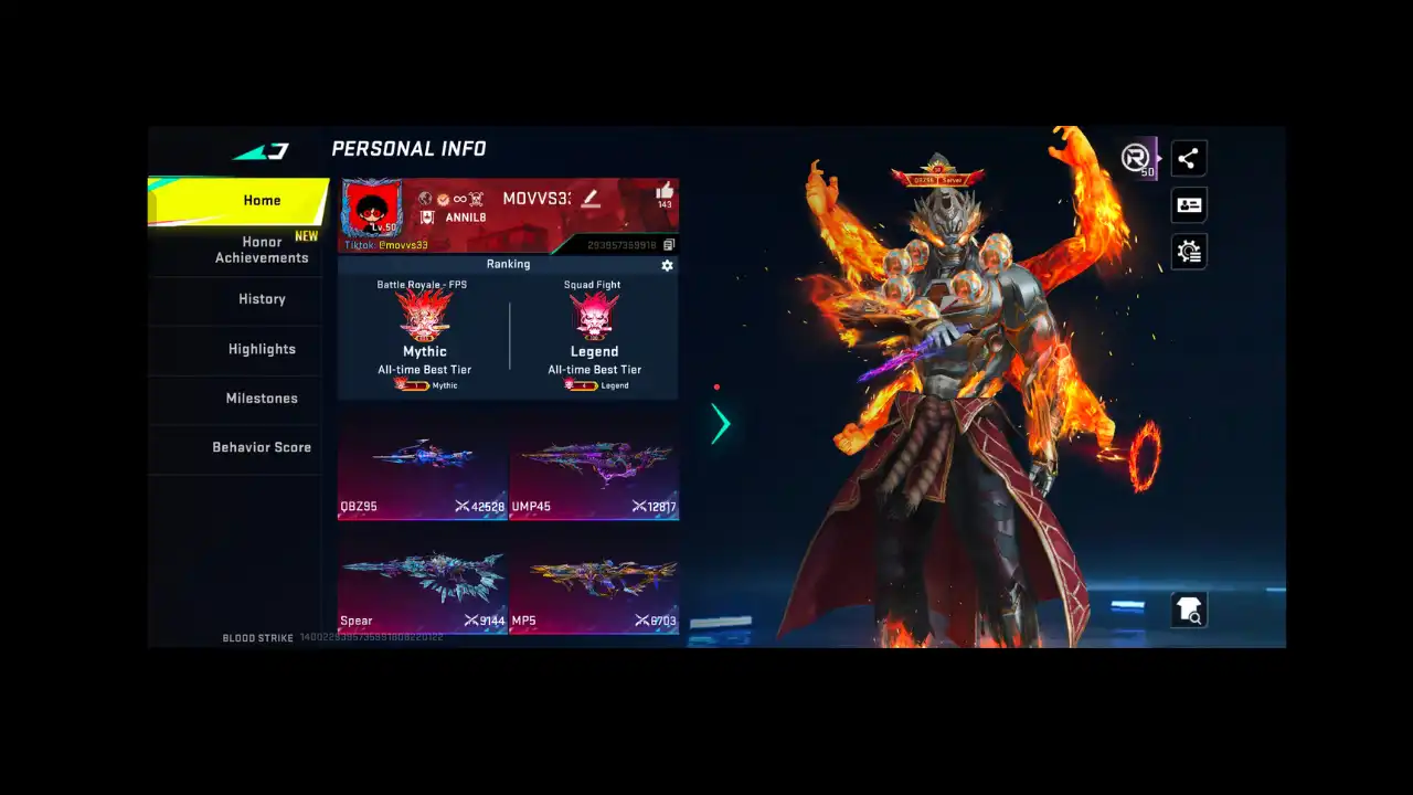 MOVVS33 Blood Strike player profile showing Mythic Battle Royale and Legend Squad Fight rankings