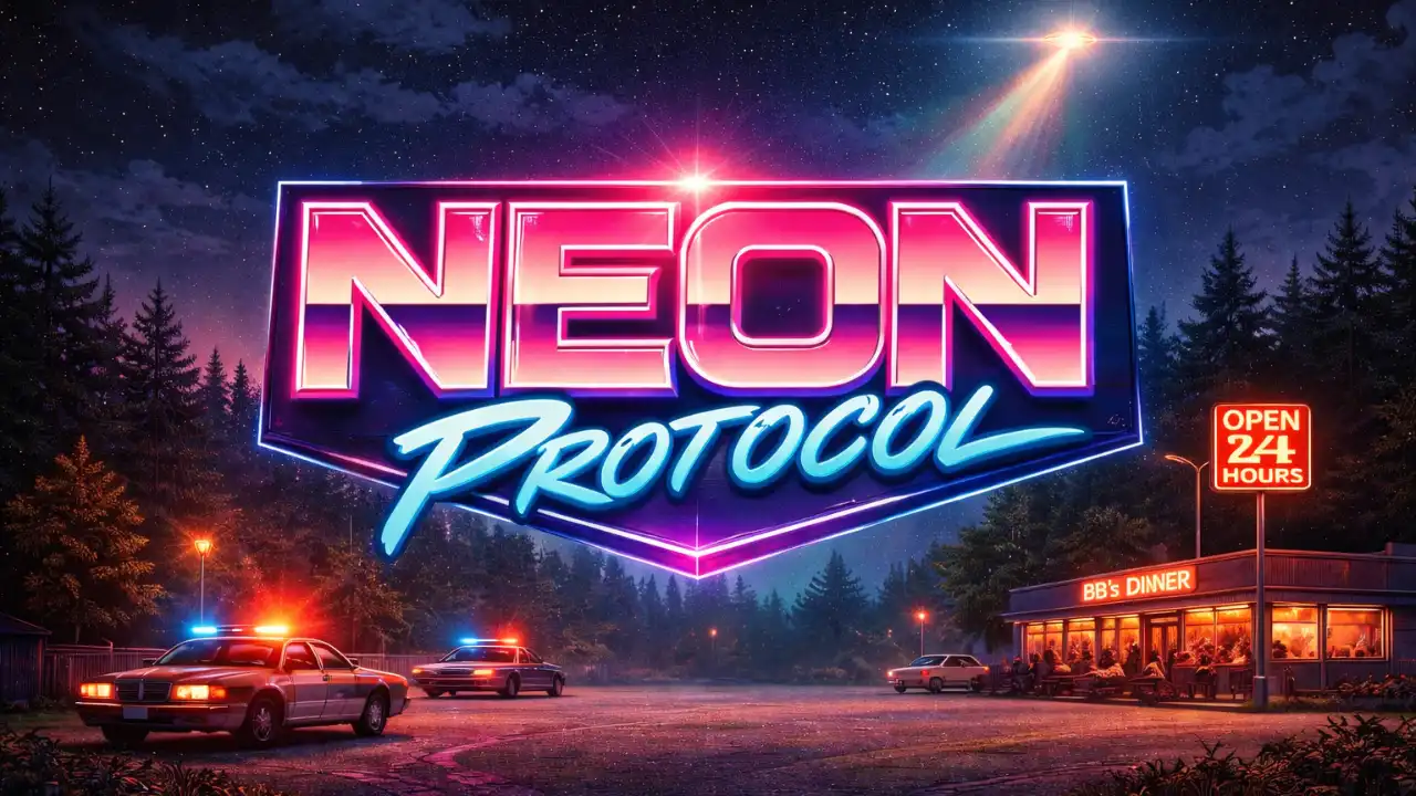 Neon Protocol logo above a neon-lit roadside diner with police cars at night