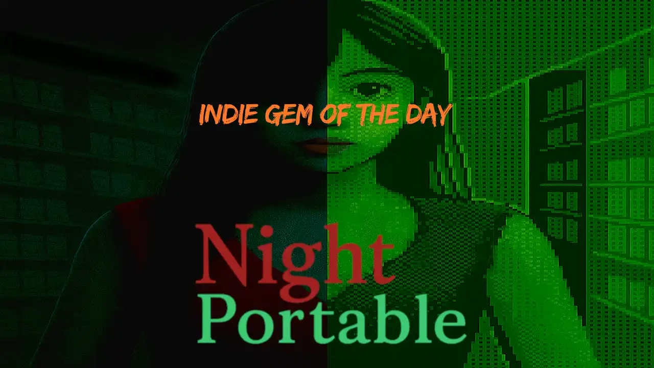 Night Portable key art showing a woman split between a dark figure and green pixel-art game-store imagery