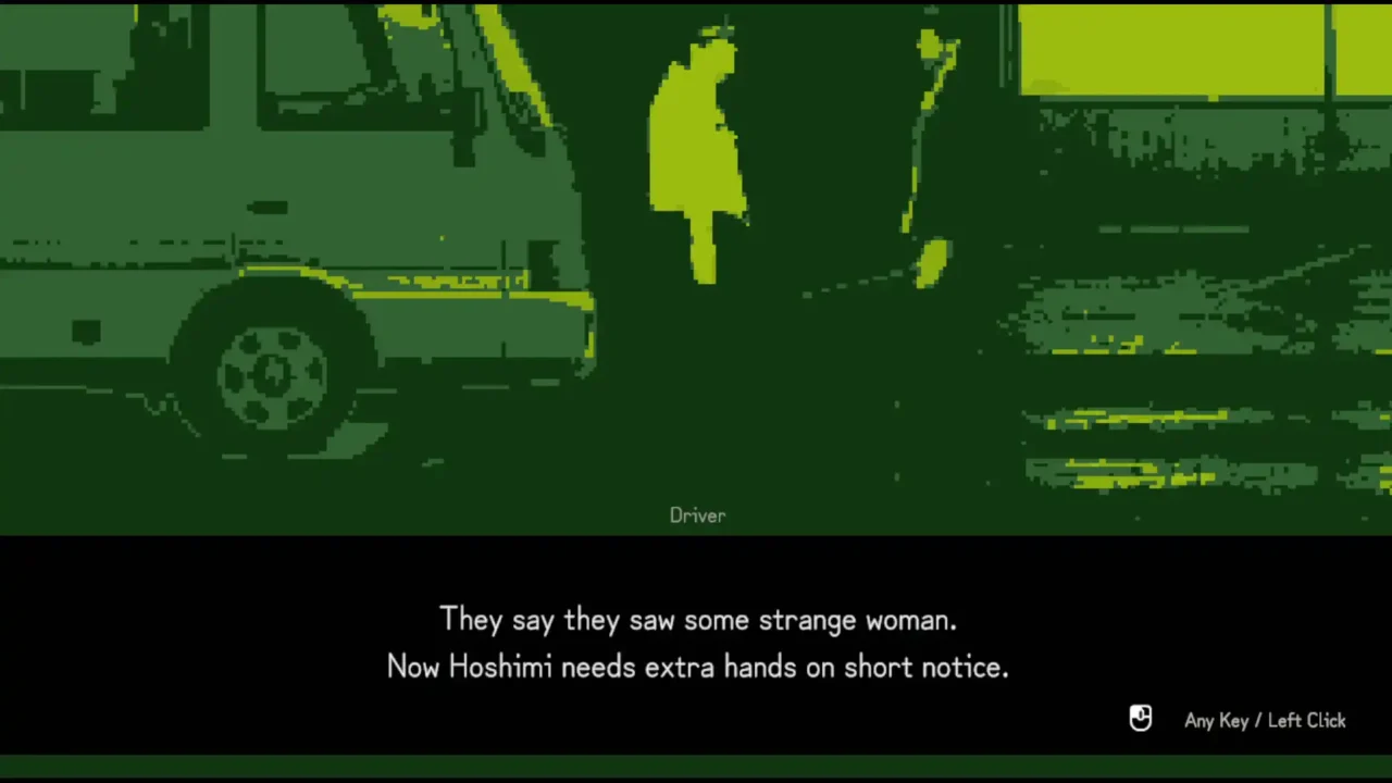 Green pixel-art story scene showing a silhouetted character beside a car in Night Portable