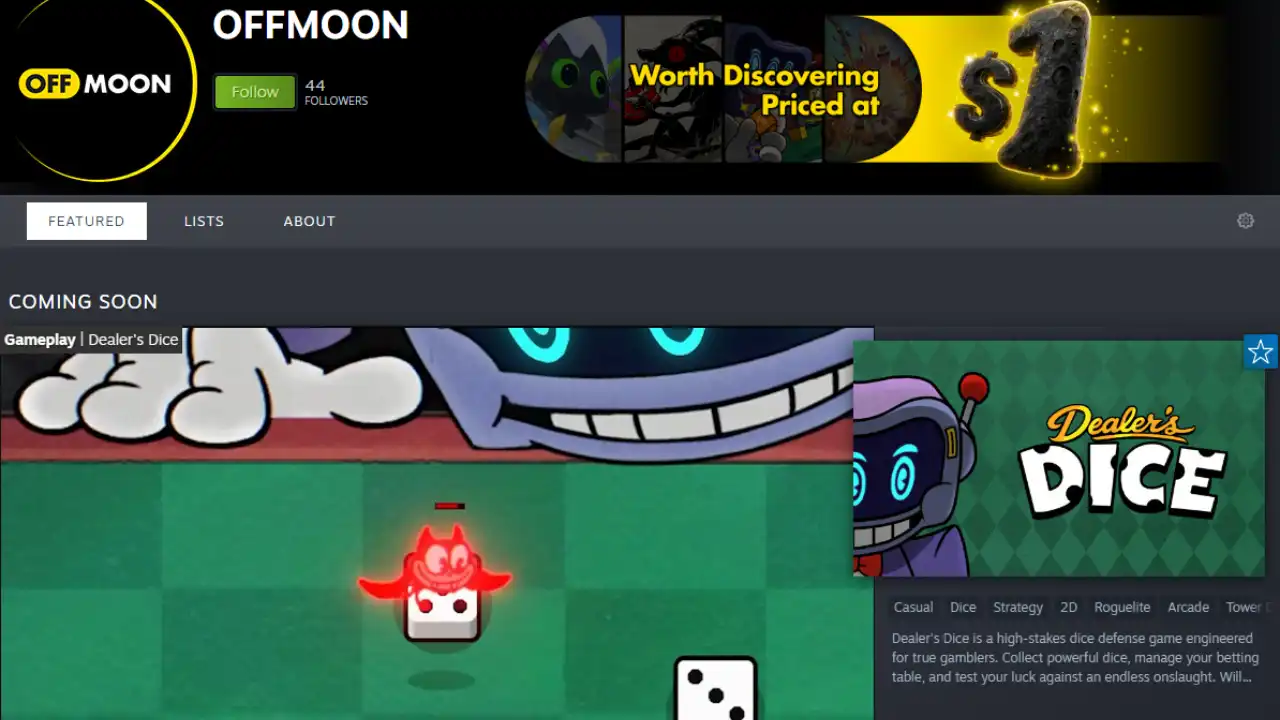 OFFMOON Steam publisher page showing its $1 indie game banner and Dealer’s Dice gameplay