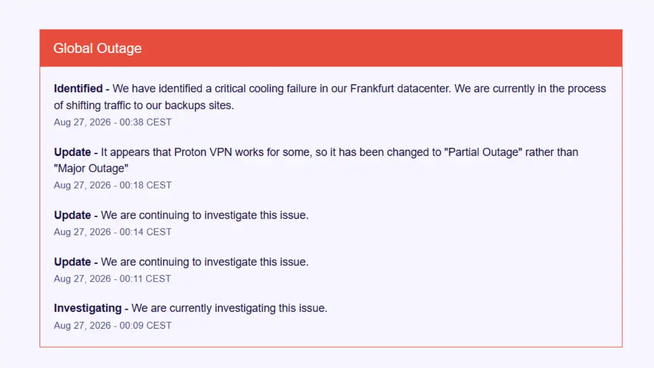 Proton status page confirming a global outage caused by a critical cooling failure at its Frankfurt datacenter