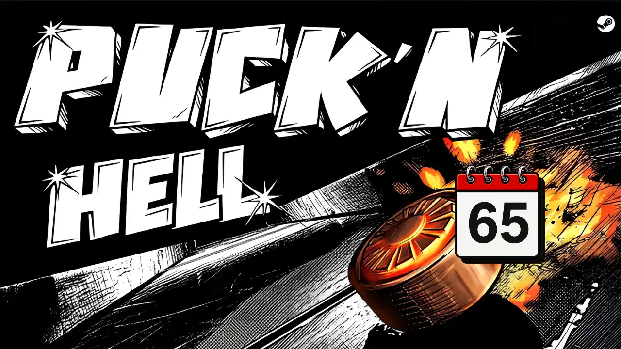 Puck’n Hell air hockey artwork with the Game of the Week 65 calendar badge