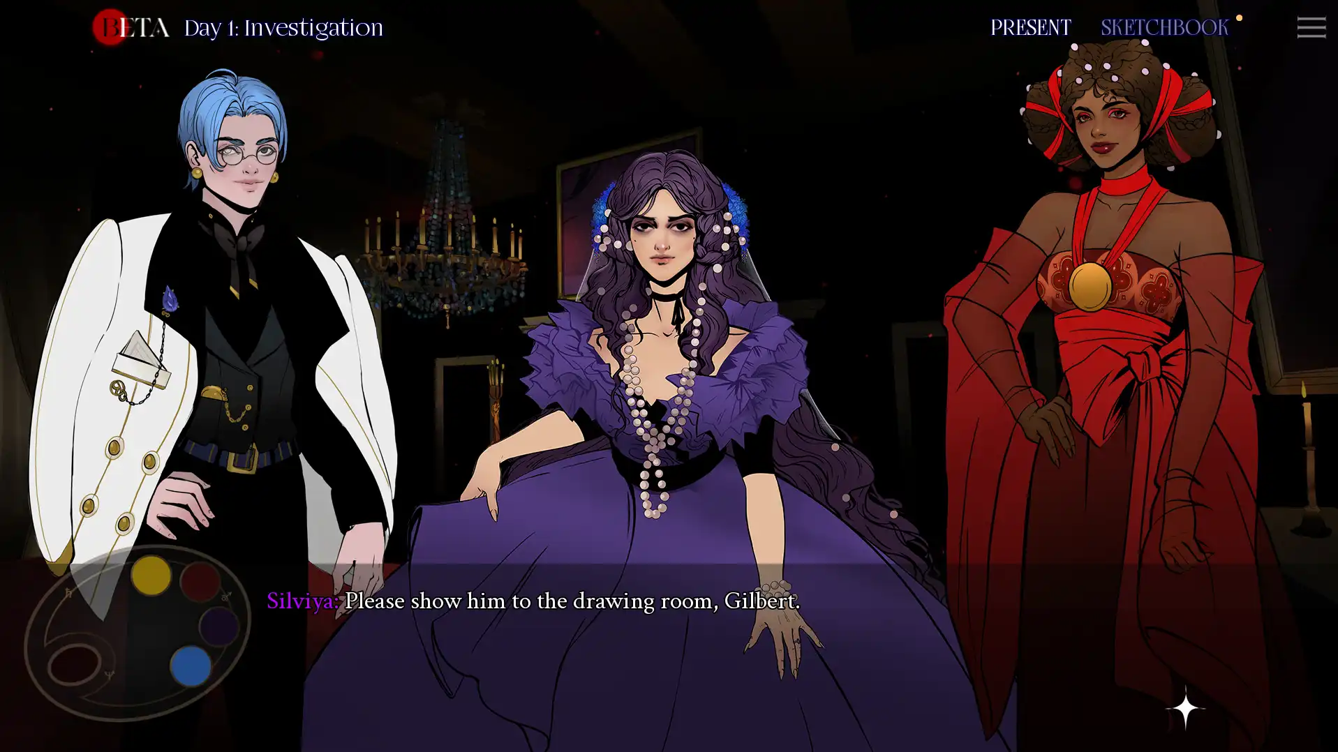 Silviya in a purple gown speaking with two characters during an investigation scene in STARCULT Night Twisted Age