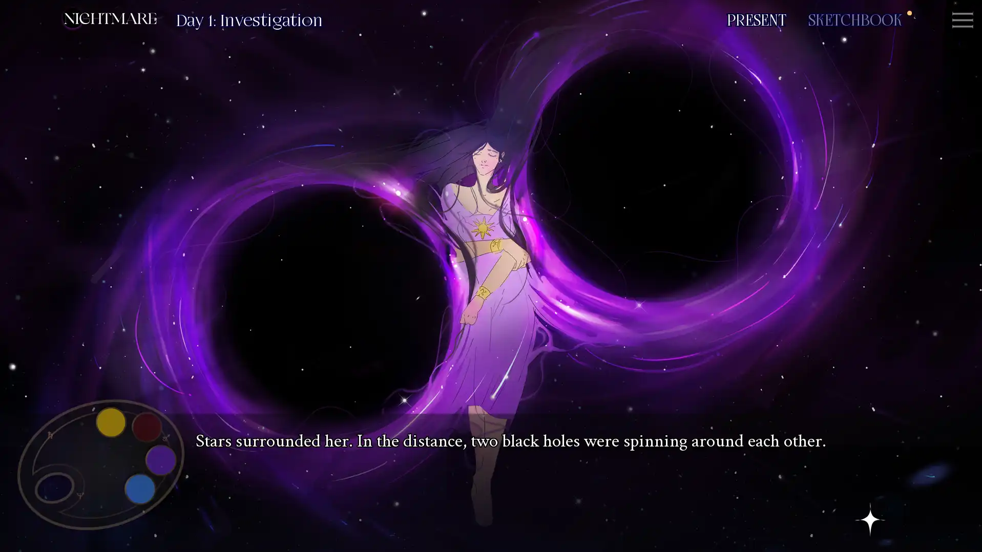 Silviya surrounded by purple cosmic energy and two black holes during a nightmare in STARCULT Night Twisted Age