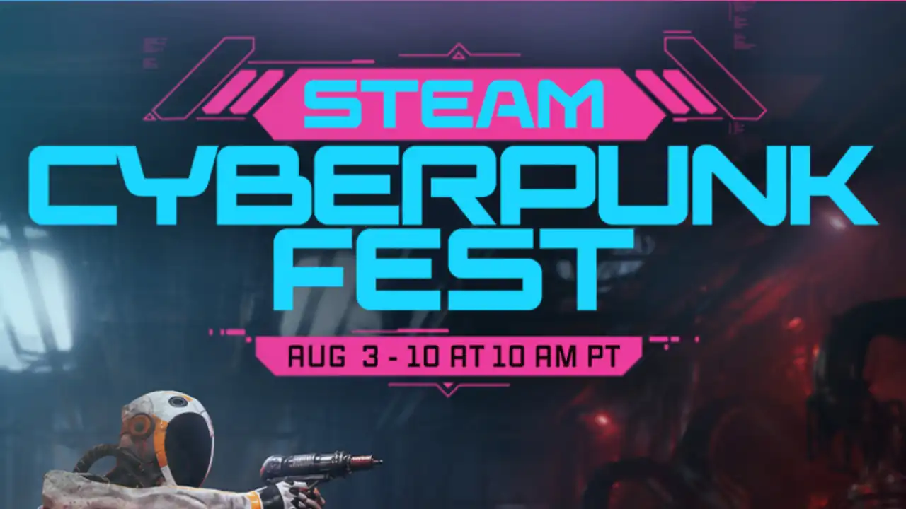 Steam Cyberpunk Fest 2026 banner with neon blue and pink lettering above futuristic shooter artwork