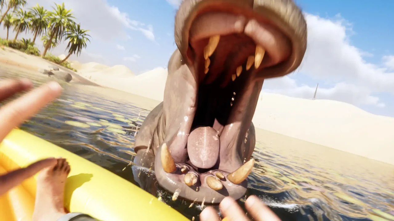 Stranded Deep 2 screenshot showing a hippo attacking the player from a desert river