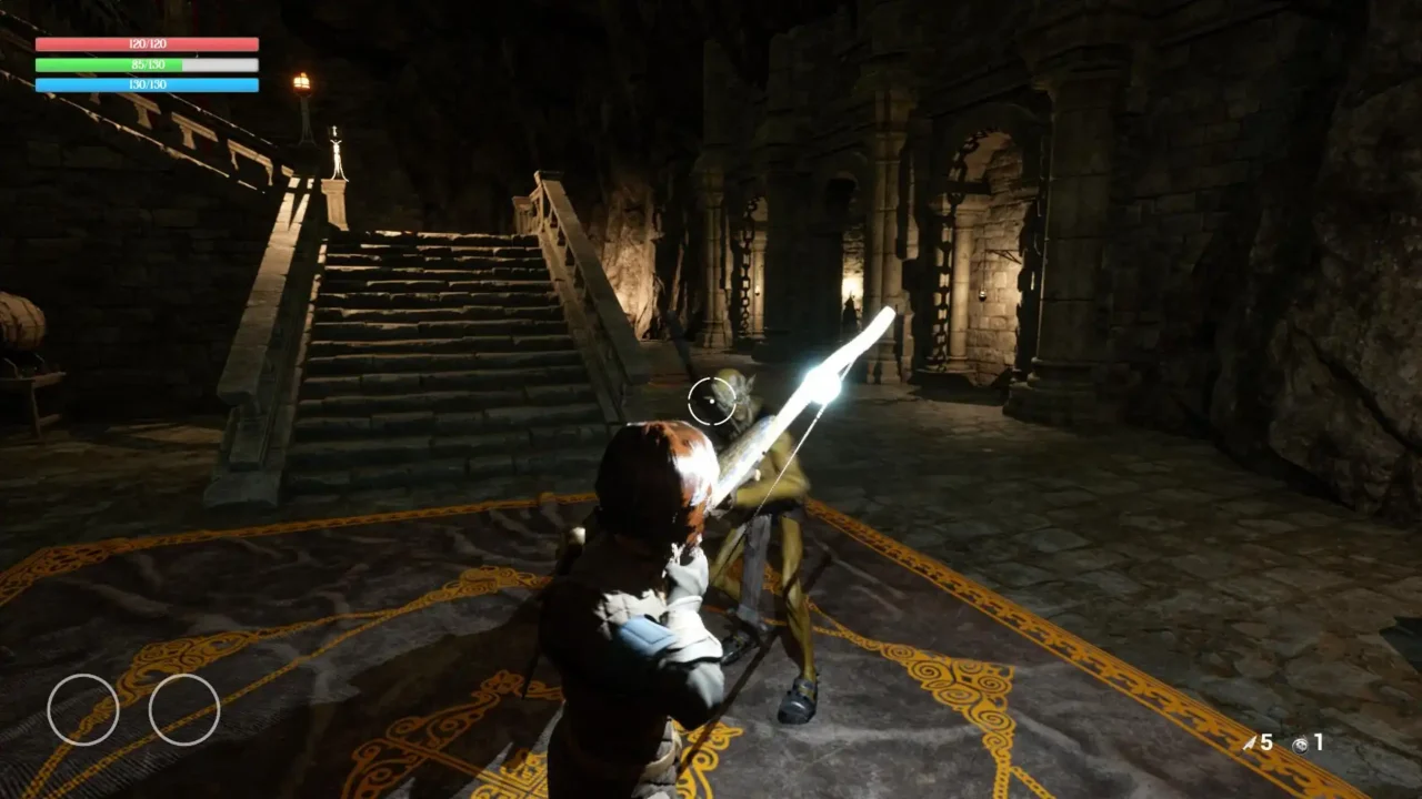 Sunken Realms gameplay showing the player firing a bow at an enemy inside a dark underground dungeon