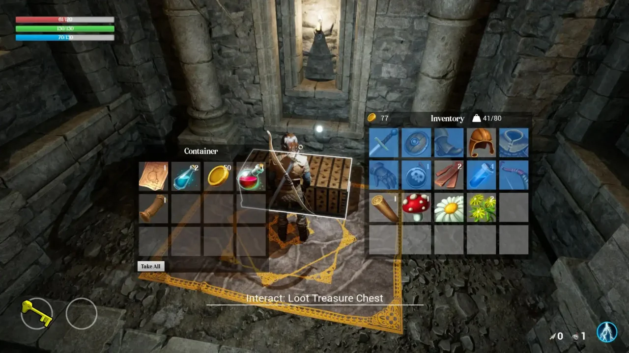 Sunken Realms gameplay showing a treasure chest and inventory filled with weapons, potions, armor and crafting materials