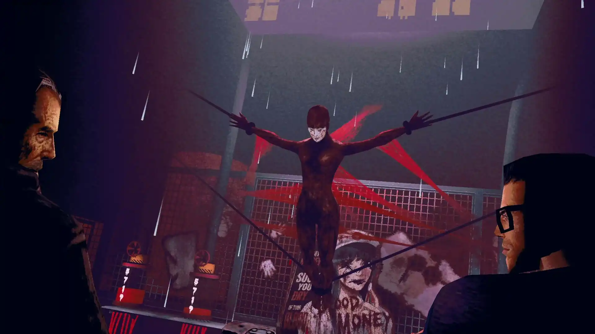 Detectives examining a suspended victim at a rain-soaked crime scene in The Skin Stapler