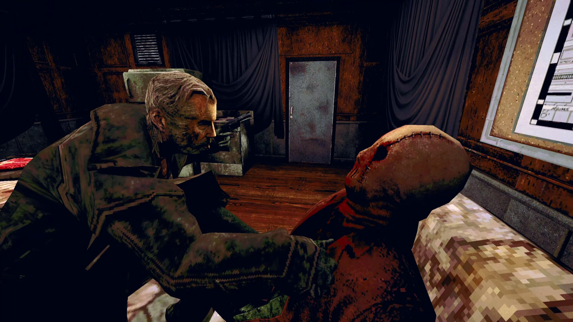 Detective confronting a bloodied stitched victim inside a dark room in The Skin Stapler