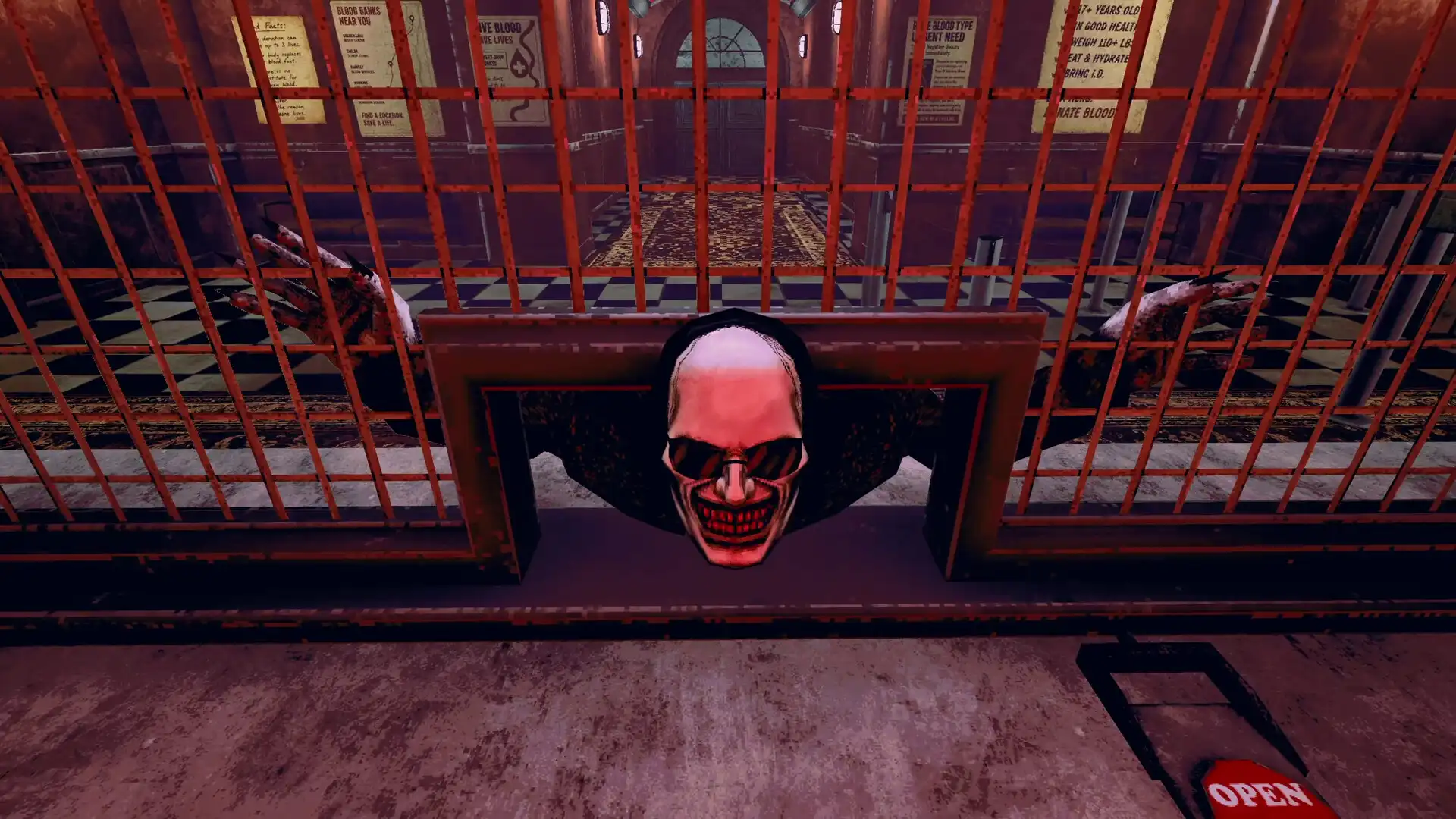 Grotesque smiling face and bloody hands behind red bars in The Skin Stapler