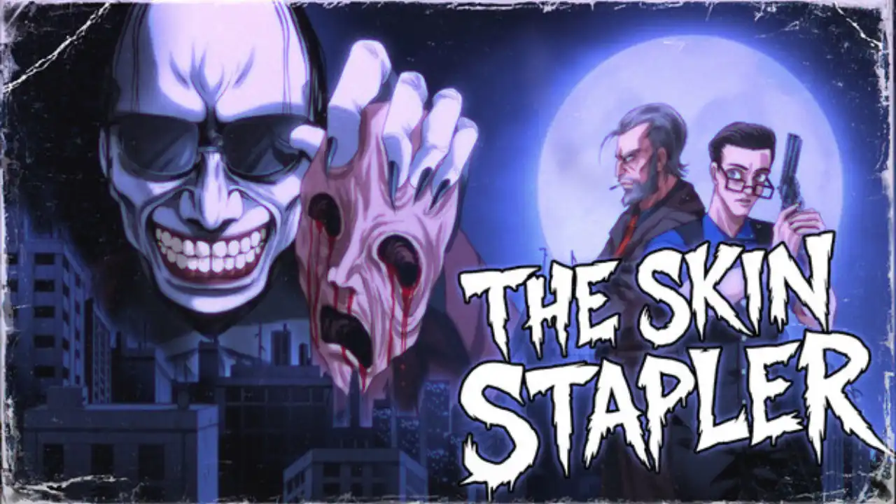The Skin Stapler artwork showing the killer, a mutilated hand, and two detectives above Carrion City