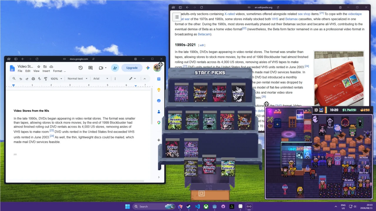 Tiny Tape Store running alongside Google Docs and a web browser on a Windows desktop