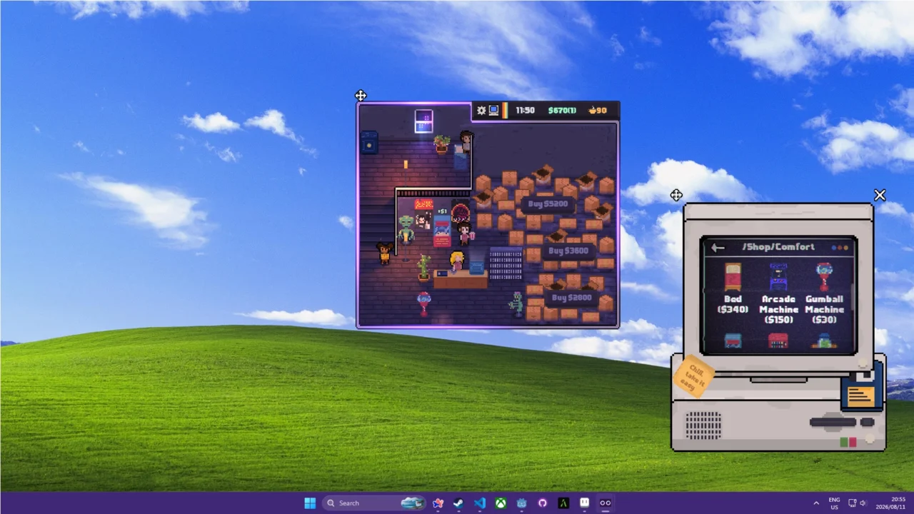 Tiny Tape Store gameplay showing the pixel-art video shop and furniture shop menu on a Windows desktop