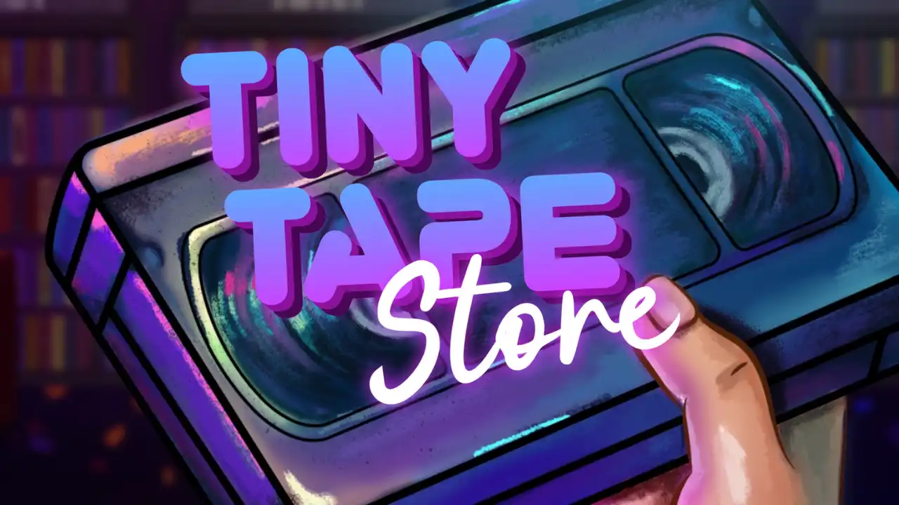Tiny Tape Store key art showing the game logo over a large VHS cassette