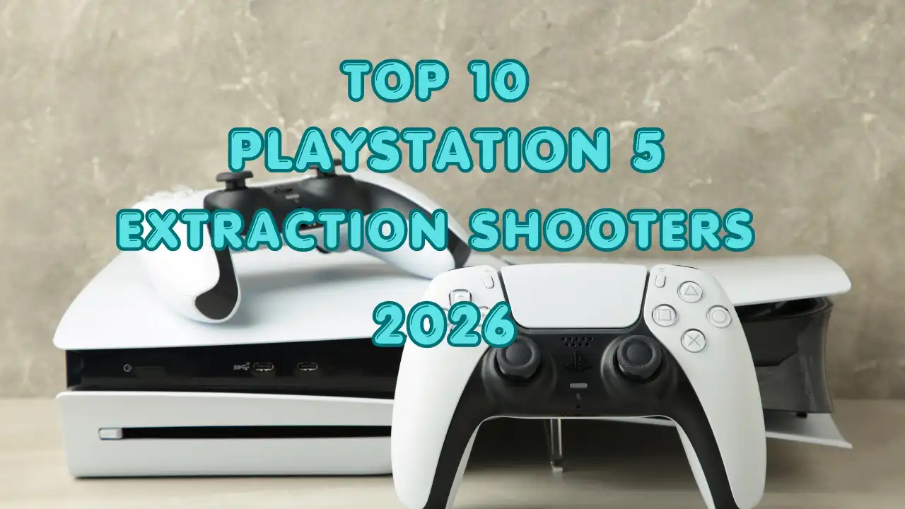 PS5 console and DualSense controller with Top 10 PS5 Extraction Shooters 2026 text