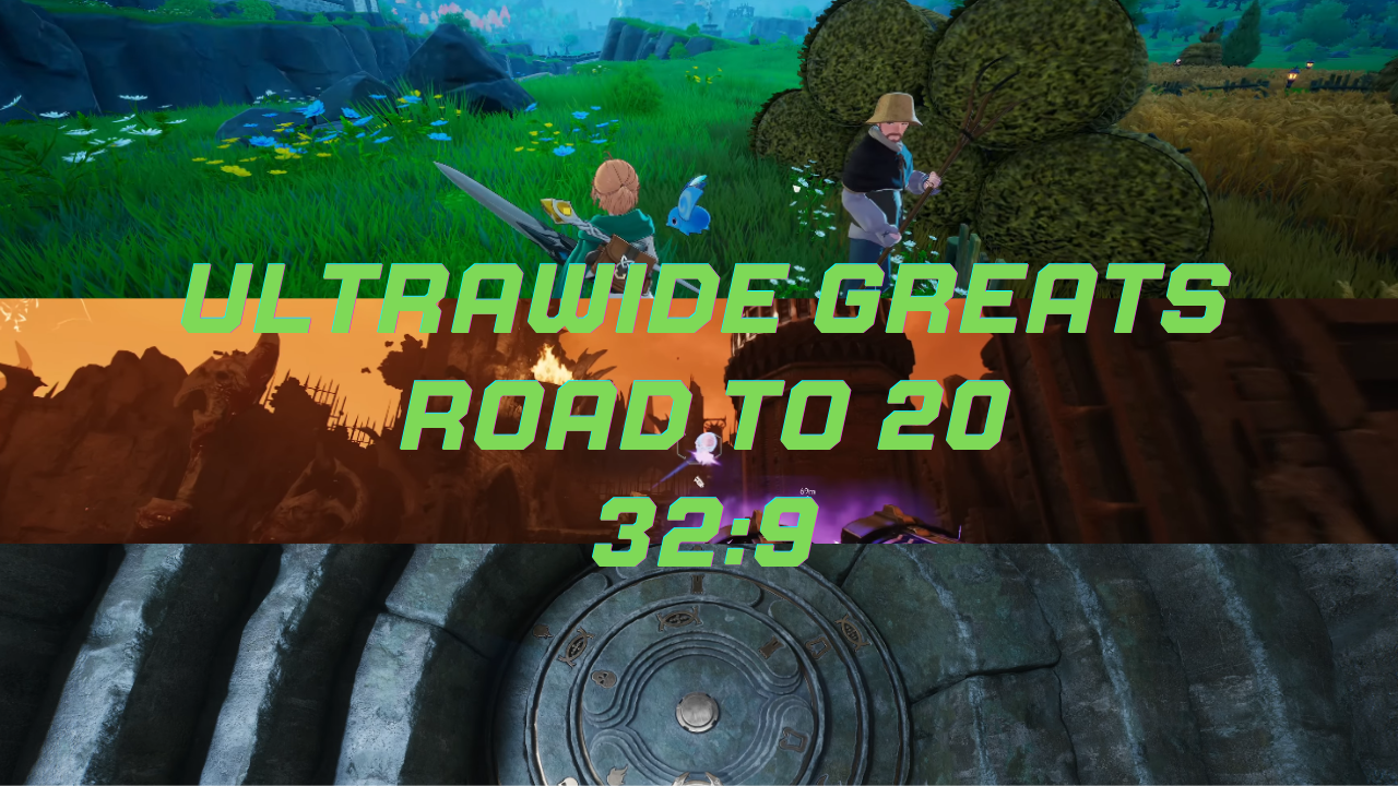 Gameplay from DragonSword: Awakening, DOOM: The Dark Ages – Revelations, and Hell Is Us with Ultrawide Greats Road to 20 text