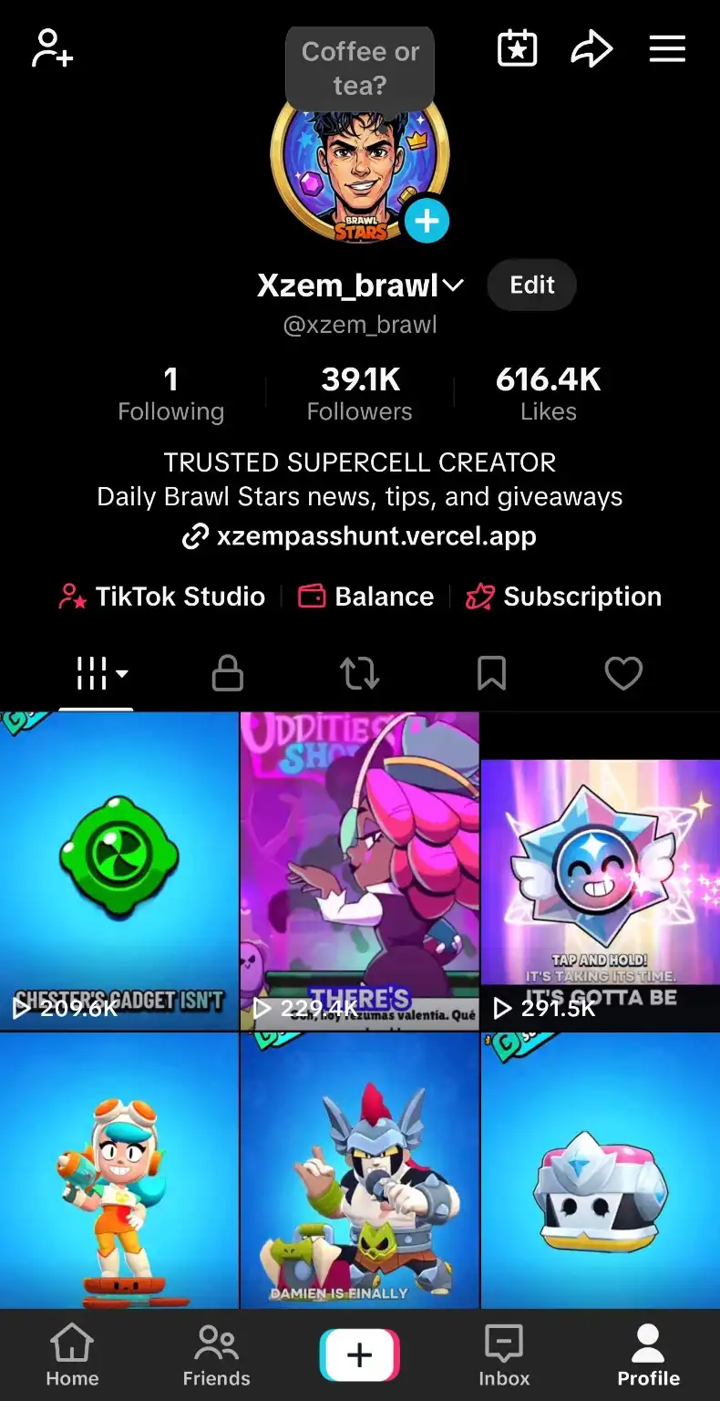 TikTok profile for Xzem showing 39.1K followers and Brawl Stars videos