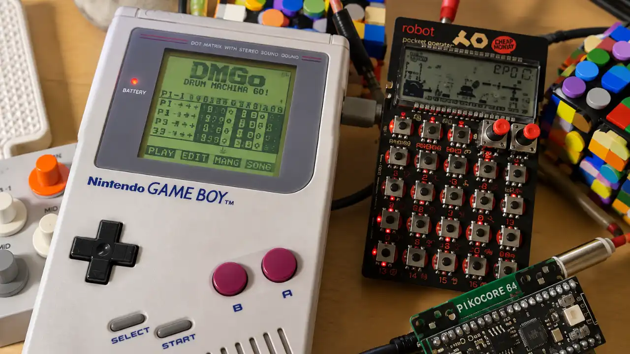 Retro-style feature illustration of a Nintendo Game Boy displaying a DMGo-inspired drum-machine screen beside portable music hardware.