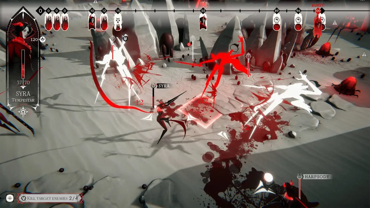 Ex Sanguis gameplay showing tactical combat with red, white and black characters across a battle timeline