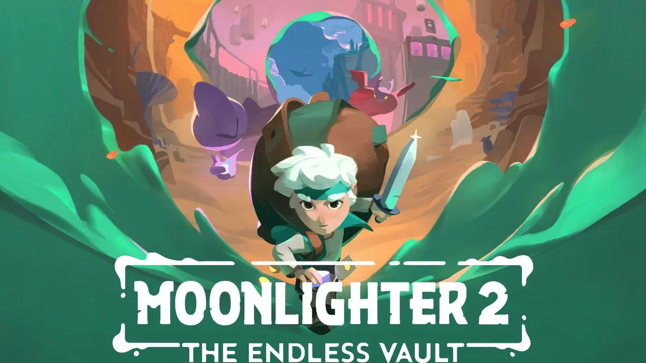 Moonlighter 2: The Endless Vault key art showing Will surrounded by colorful fantasy characters and creatures
