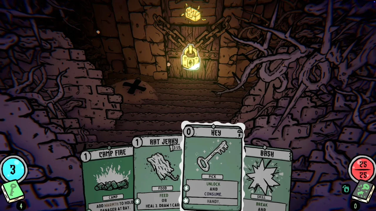 Shroom and Gloom first-person dungeon scene showing Camp Fire, Rat Jerky, Key, and Bash cards in front of a locked door.