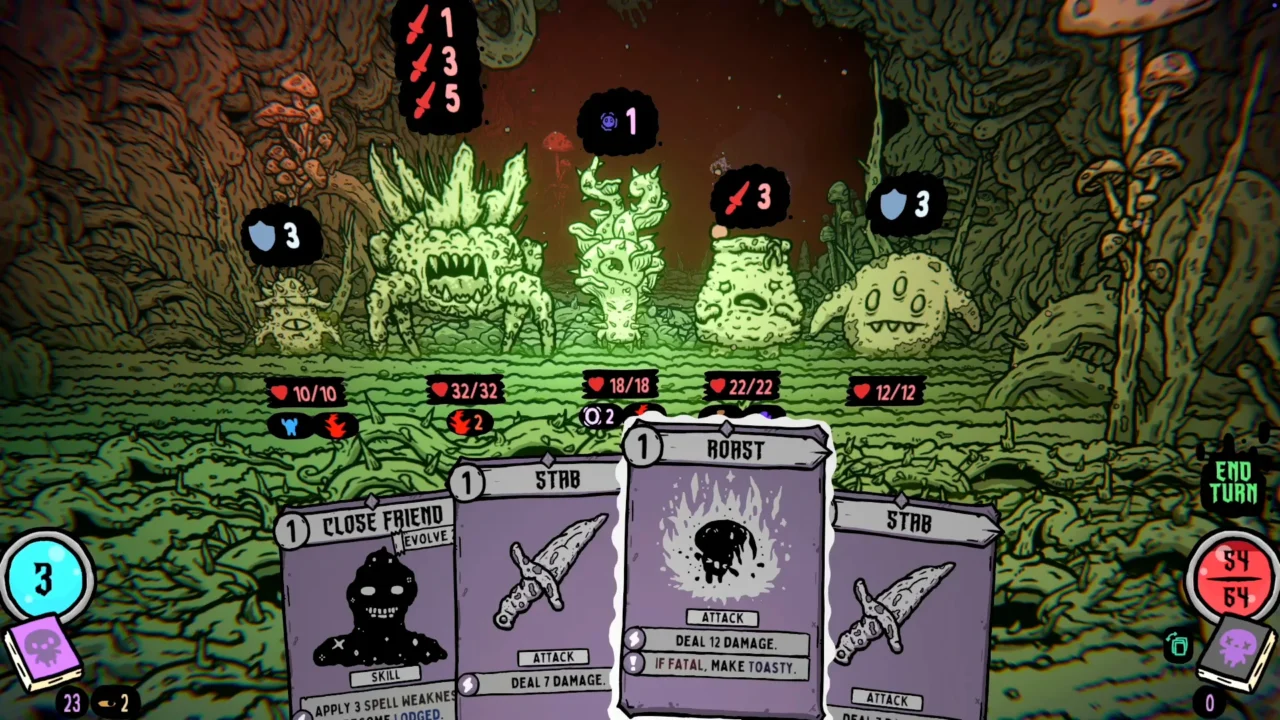 Shroom and Gloom battle showing five mushroom creatures facing the player while attack cards are displayed in the foreground.