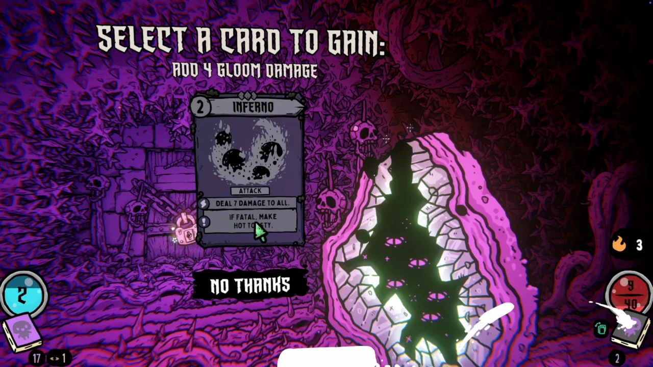 Shroom and Gloom card selection screen offering an Inferno attack card inside a purple hand-drawn dungeon.