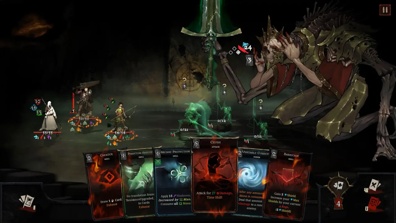 Shards of Order gameplay showing a party fighting a giant skeletal enemy using card-based abilities