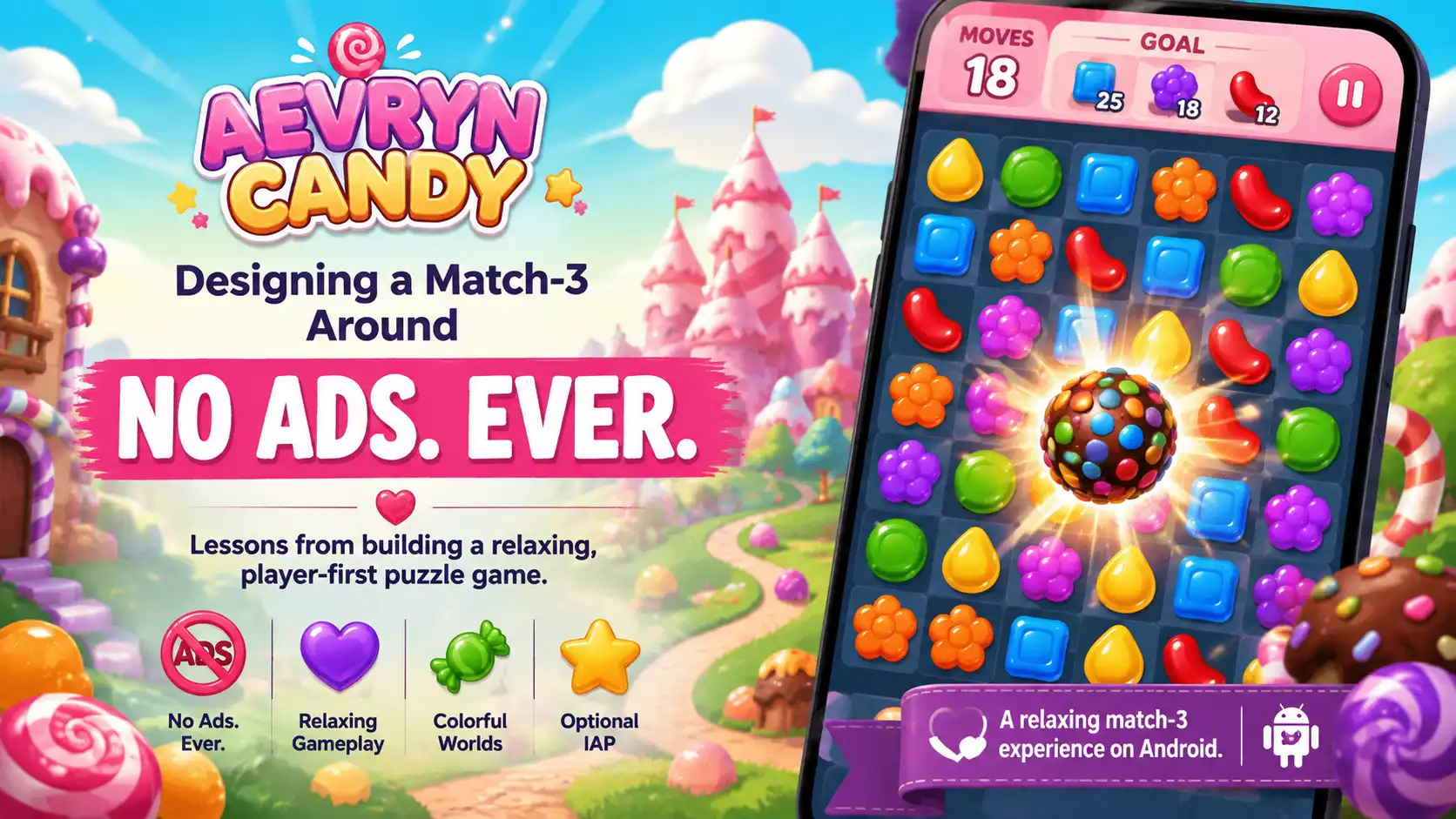 Aevryn Candy match-3 game artwork highlighting its No Ads Ever design philosophy