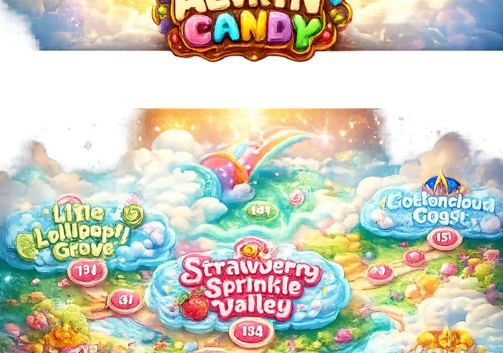 Aevryn Candy world map showing colorful level progression through multiple candy-themed areas