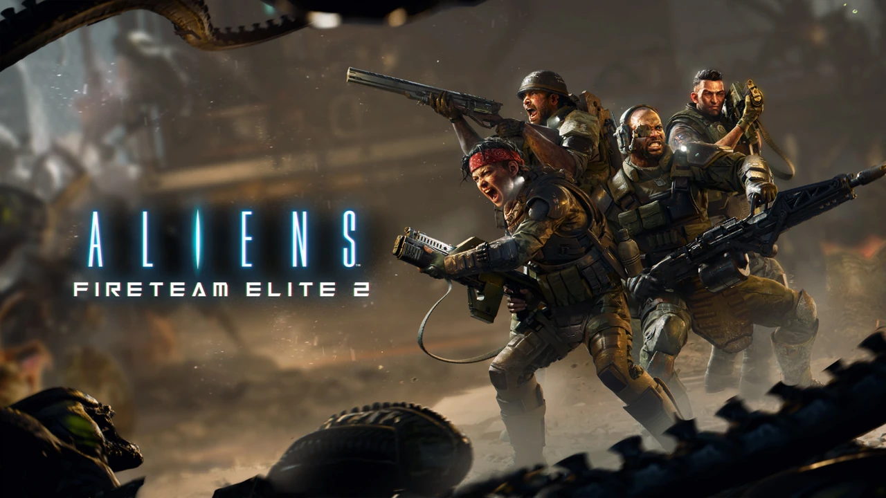 Aliens: Fireteam Elite 2 artwork showing four armed marines surrounded by aliens, with the game logo on the left.