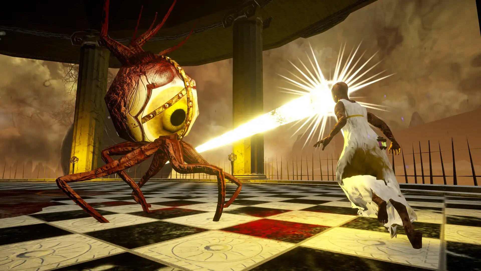 False Hero gameplay showing the player fighting a giant eye creature firing a beam of light