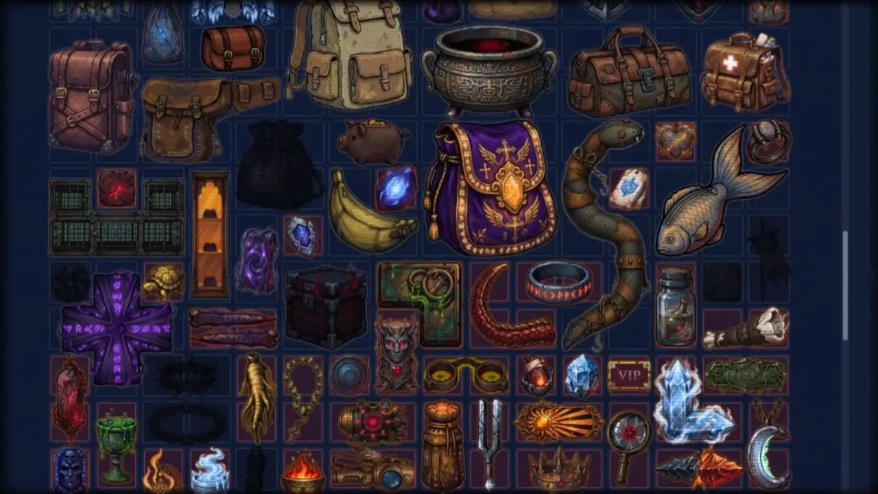 A Backpack Dungeon inventory screen filled with backpacks, weapons, fish, crystals, and other pixel-art items arranged on a grid.