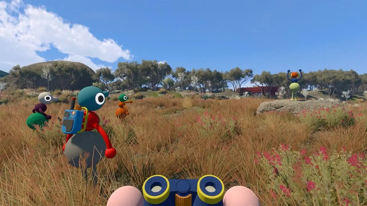 Big Walk characters crossing a grassy landscape while the player looks through binoculars.